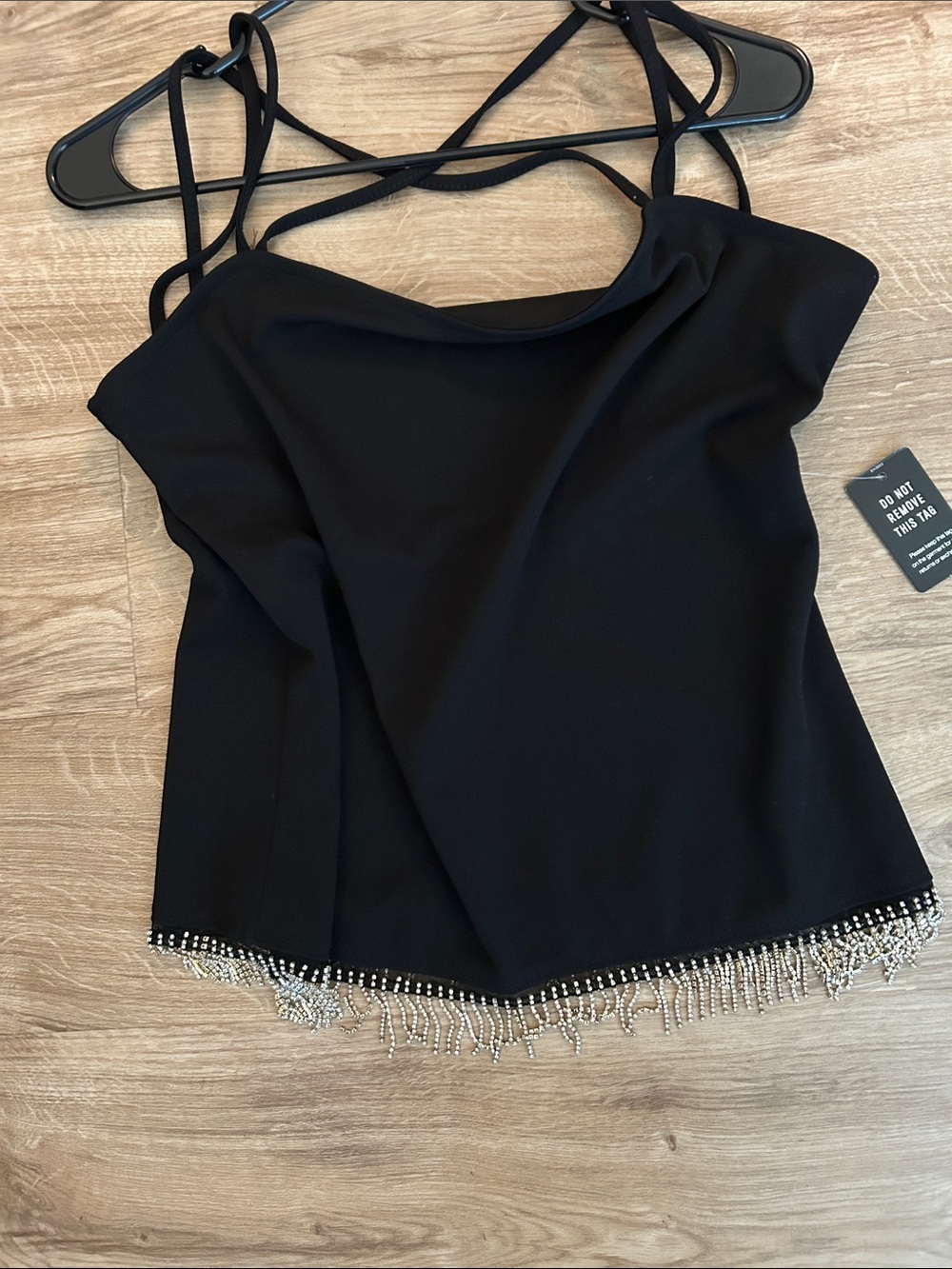 Express Black Strappy Camisole with Beaded Rhinestone Fringe